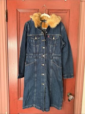 Levi's Dark Blue Denim Long Jacket with Faux Fur Collar